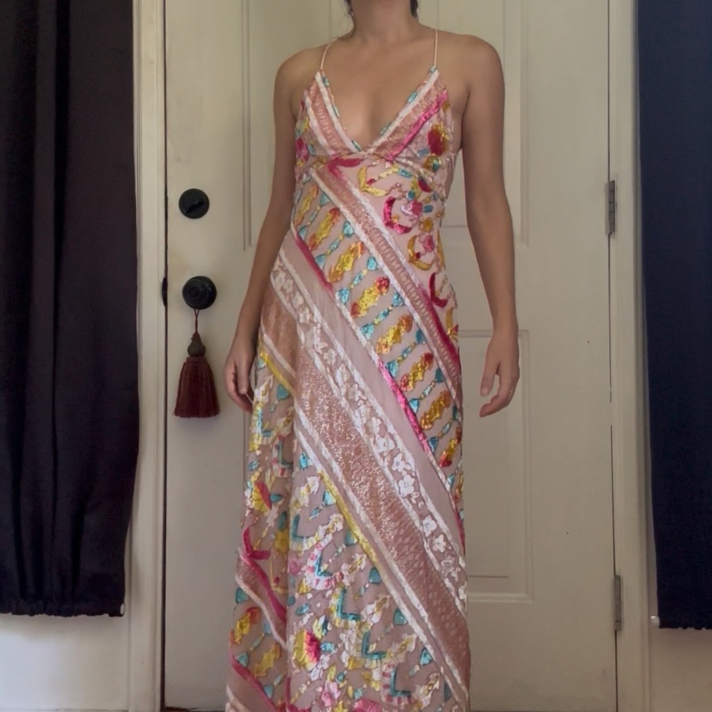 Free People Pink Multicolor Velvet Maxi Backless Dress